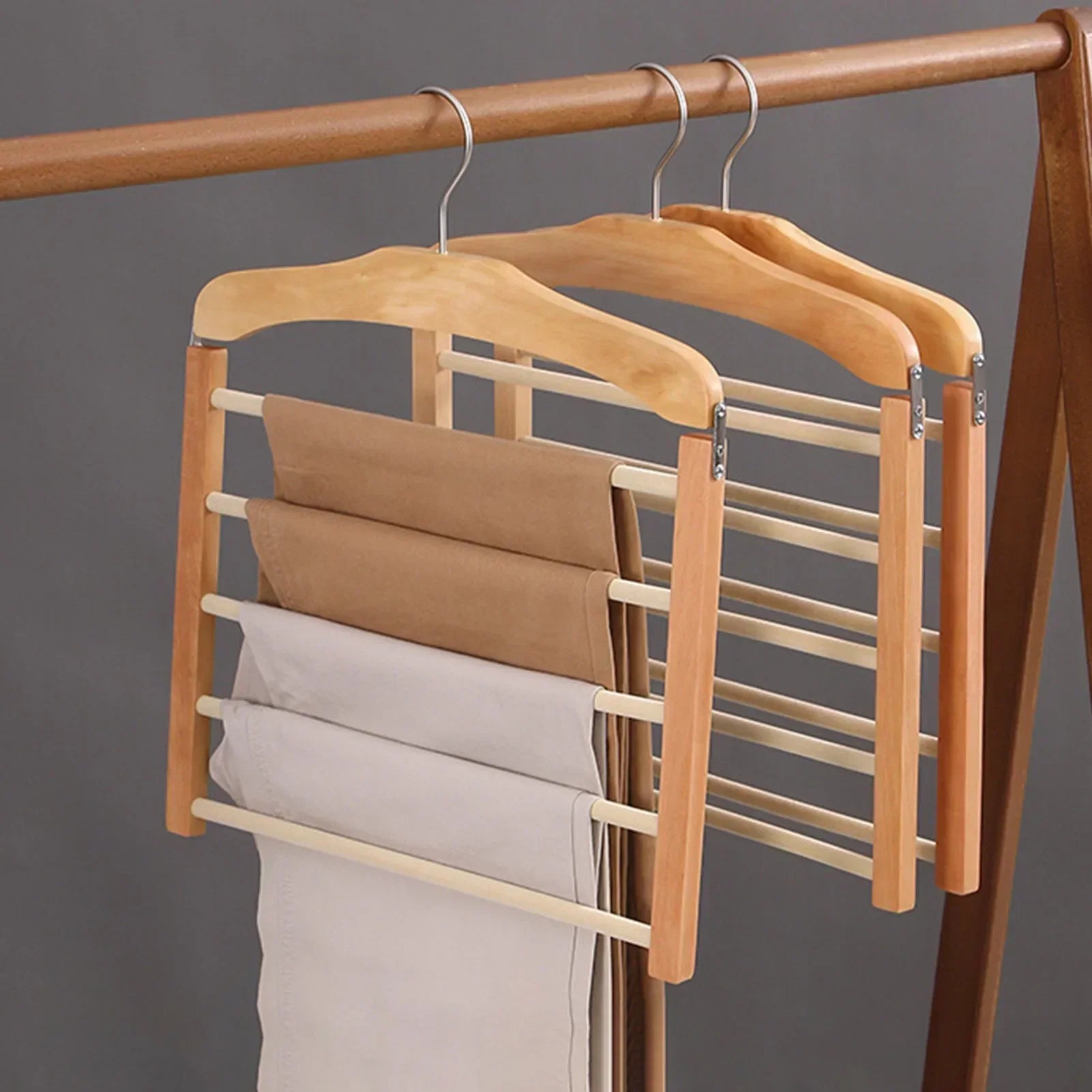Space-Saving Wooden Multi-Pants Hanger for Efficient Storage