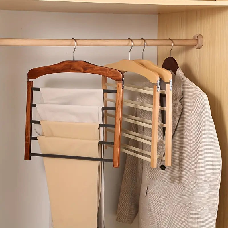 Space-Saving Wooden Multi-Pants Hanger for Efficient Storage